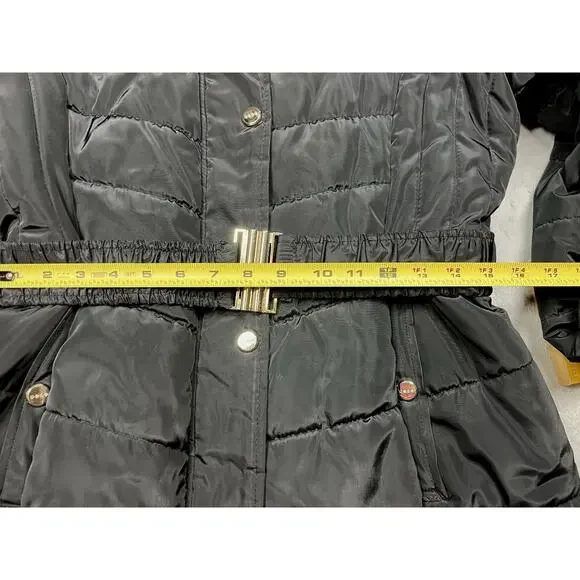 Bebe Long Black Puffer Coat Belted Gold Accents Womens L Double Zipper Hooded - Picture 10 of 16